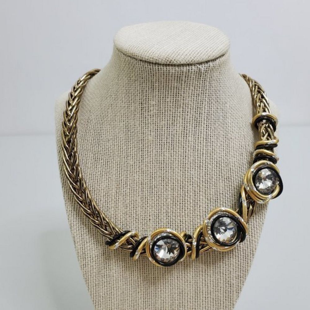 Collar Necklace Braided Gold Tone Rhinestone Black‎